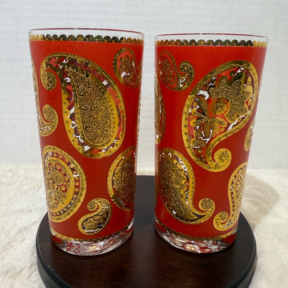 2~Vintage MCM Culver red & gold paisley highball glasses